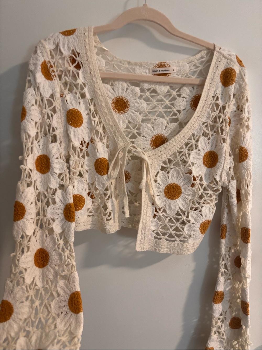Anthropologie Crochet Daisy Tie-Front Cardigan - Cream with Mustard - Picture 2 of 5